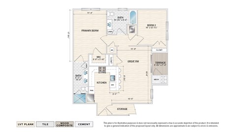 Floor plan for 2 beds, 2 baths, 1069 sqft